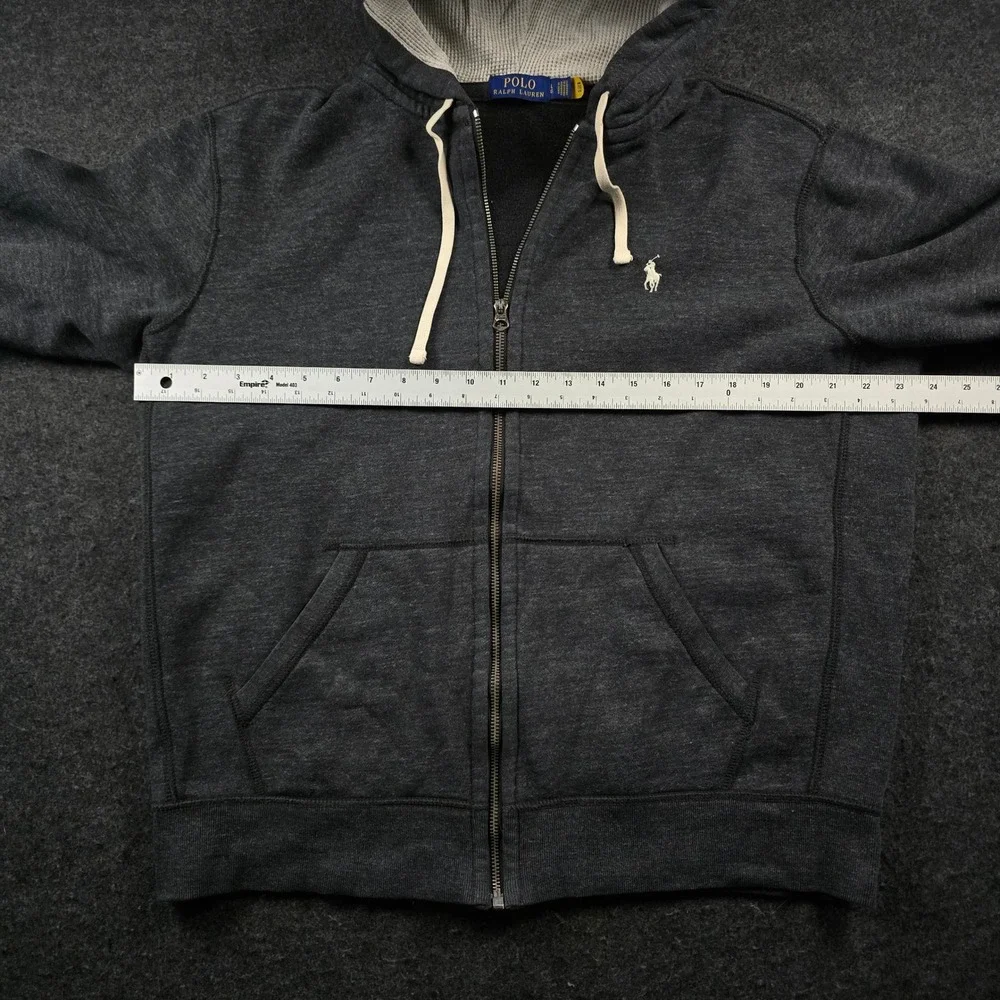 Polo Ralph Lauren Dark Gray Full Zip Hoodie Waffle Lined Hood Minimalist Men's M